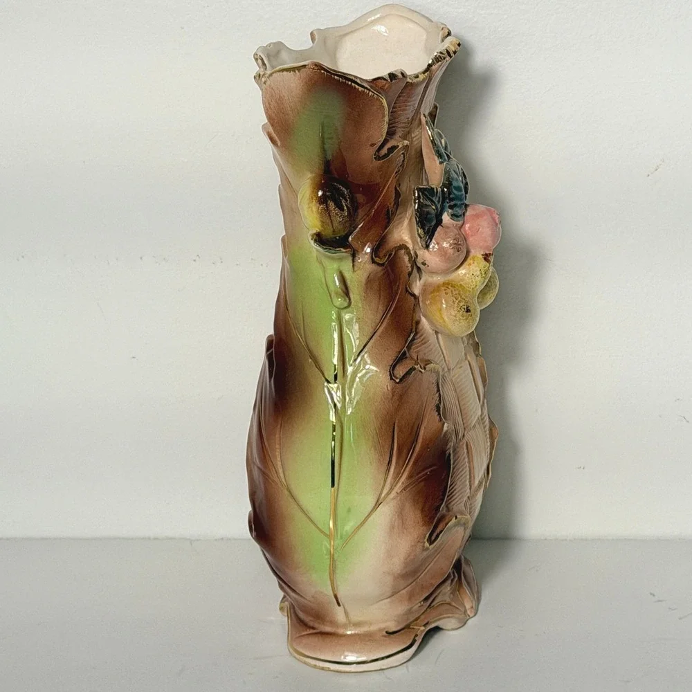 Vintage Majolica-Style Ceramic Fruit Vase Basket Weave Gold Trim 8 Inch